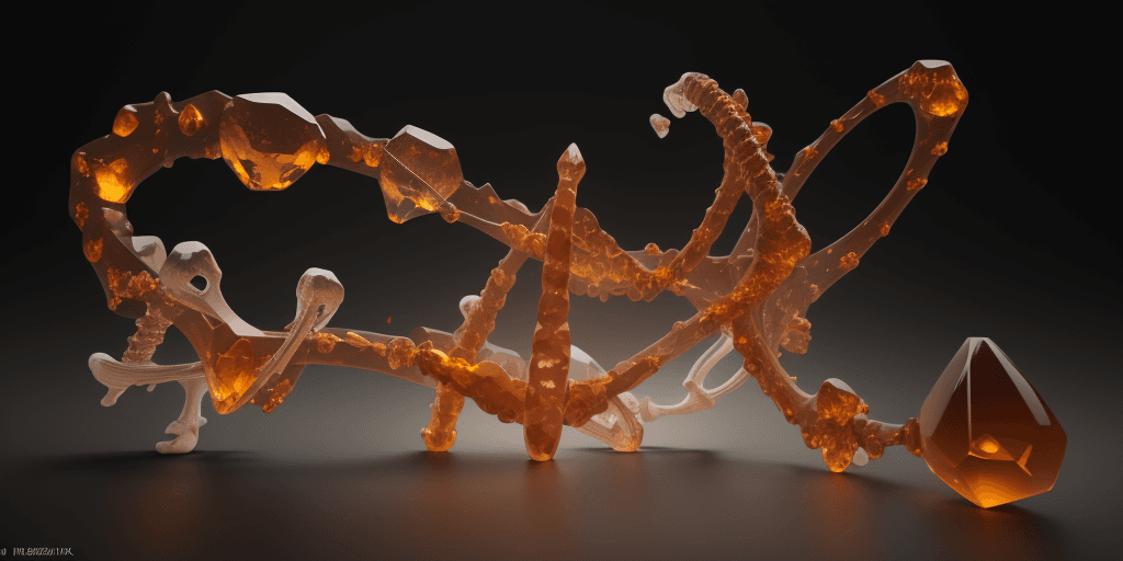 AI generated: render of a DNA molecule L shaped made of bones and amber, hyper realistic, 4k, artistic, ultra deta...