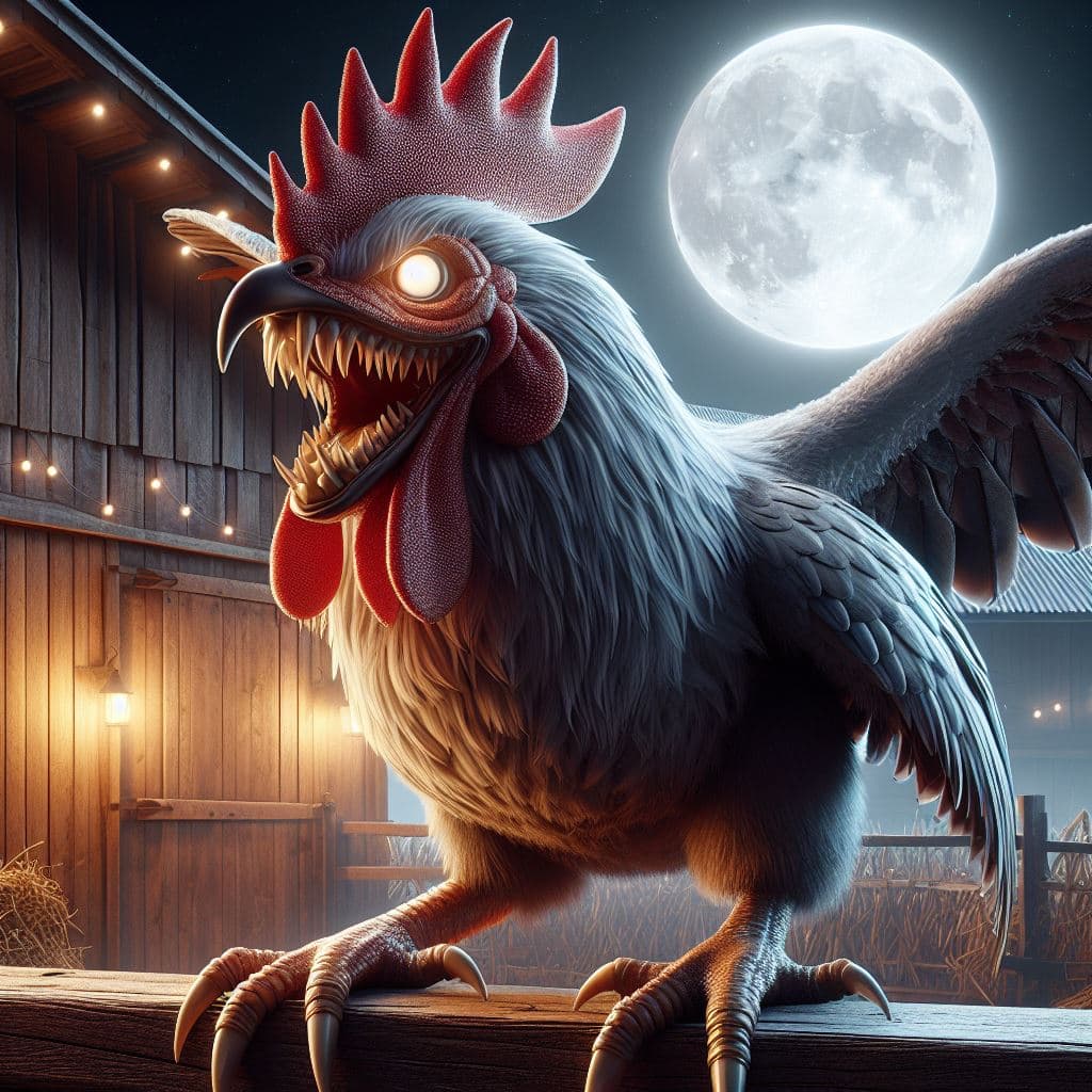 AI generated: Vampire chicken, fangs, full moon