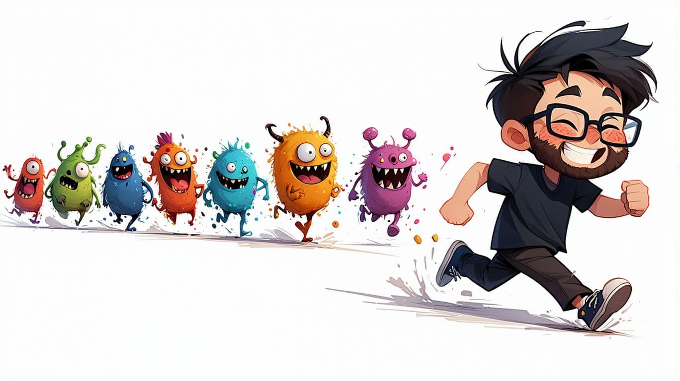 AI generated: A cartoon-style boy running and looking back, with a humorous expression, laughing with a face of so...