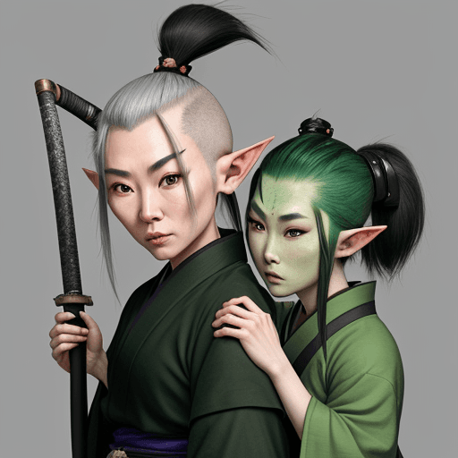 AI generated: samurai woman with elf ears gray skin hair shaved on the sides and thrown to the side old woman hold...