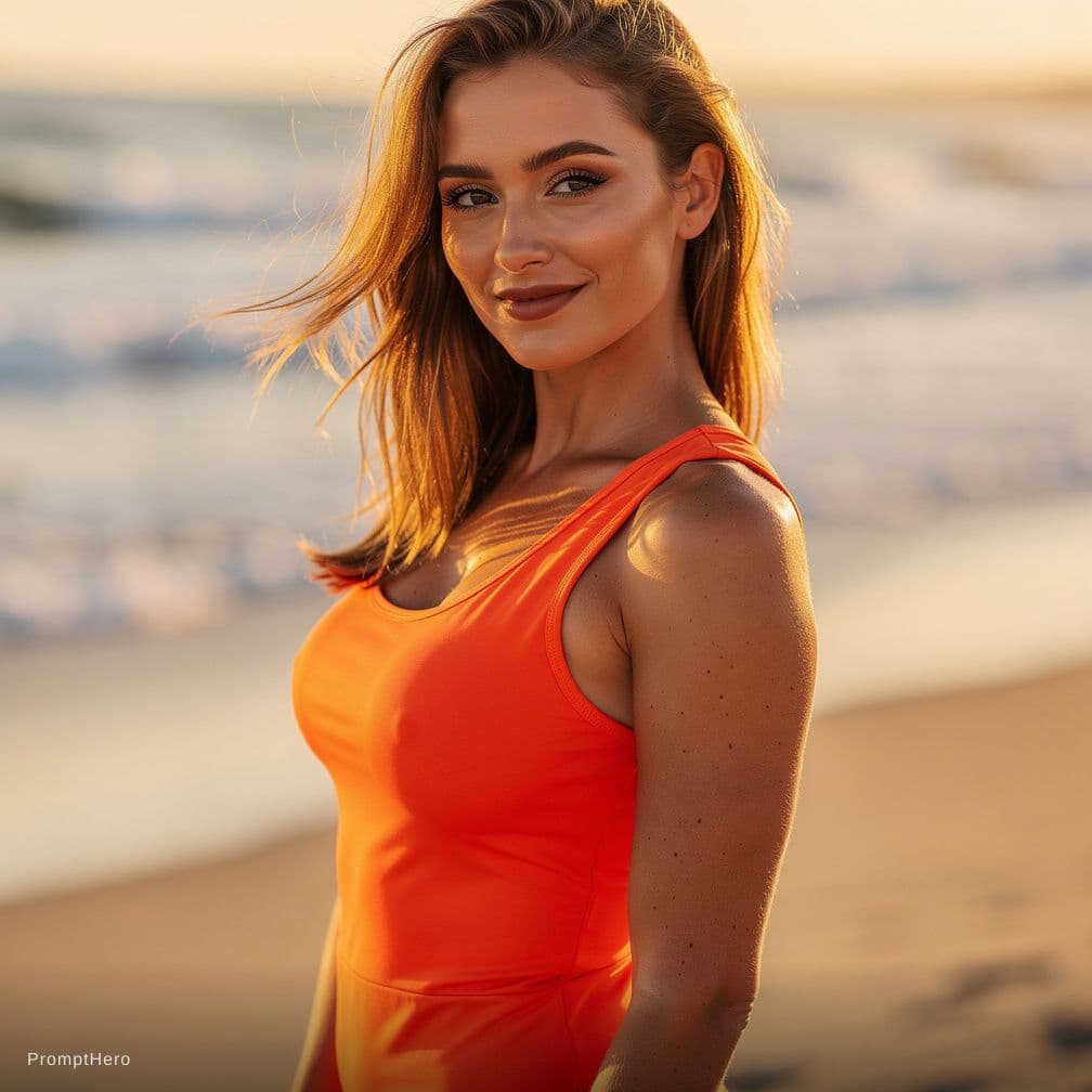 AI generated: the woman is in a skimpy orange bikini, smiling w mouth closed