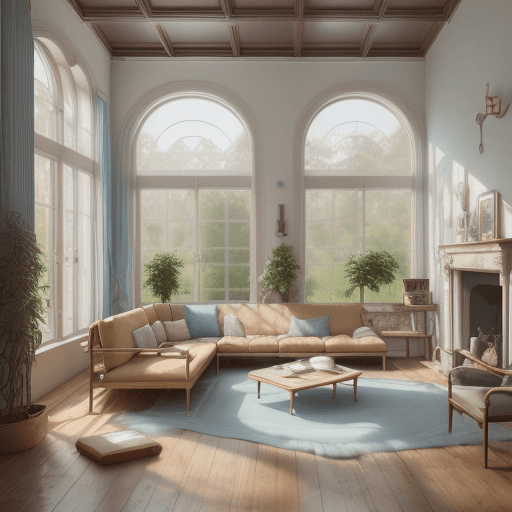 AI generated: High resolution photography interior design, dreamy sunken living room conversation pit, wooden floo...