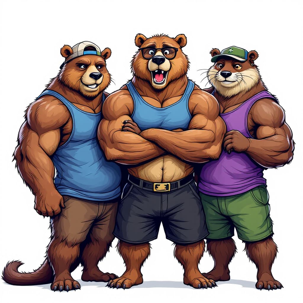 AI generated: Fun Cartoon. Full body shot. White background. 2 male muscle bears and 1 country otter, middle bear ...