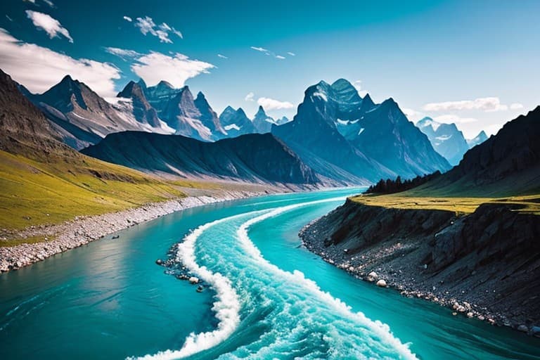 AI generated: intense blue river flowing towards scary impressive mountain, style of Filip Hodas