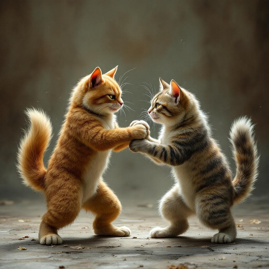 AI generated: humanoid cat and dog in a kugfu stance about to fight 