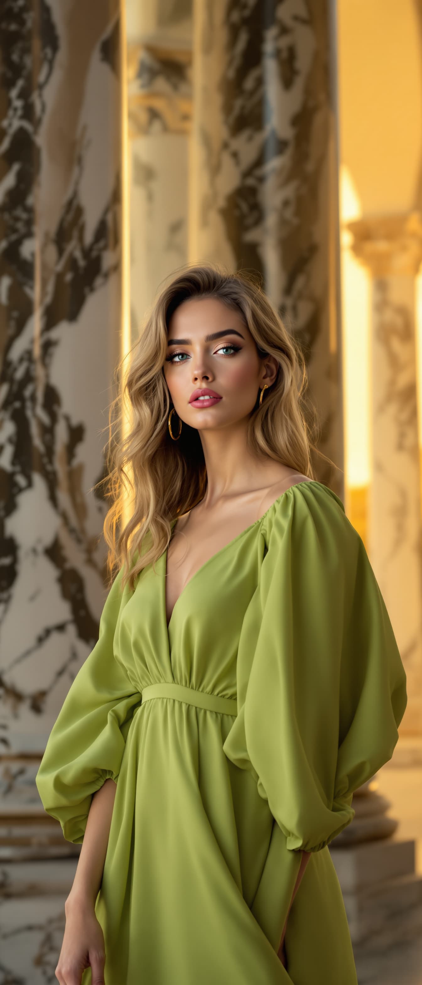 AI generated: "Image is a high-resolution, stylised full-height, vertical  portrait featuring a model standing in ...