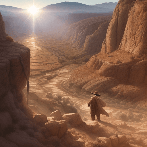 AI generated: High resolution of a dry valley, with a man dressed in rags, and glow of sun rays on his body, cozy ...