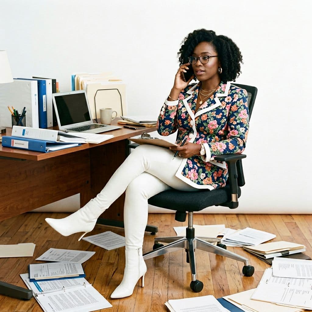 AI generated: Full-body shot of a dark-brown-skinned female seated in an office chair, crossing her legs, holding ...