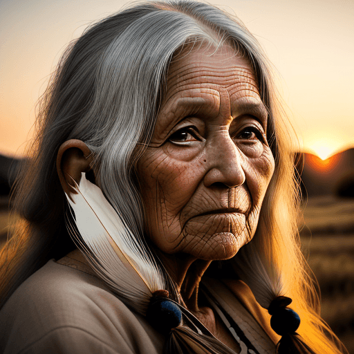 AI generated: old woman, ((long hair)), ((((portrait realistic)))), 85mm f6, ligth sunset, american native