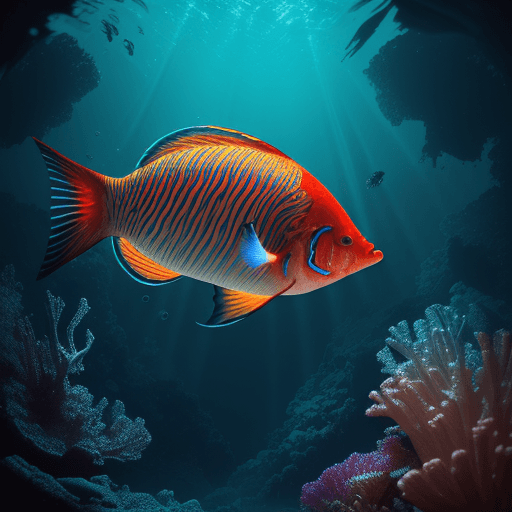AI generated: (diving underwater scenery:1.3), diving equipment, luminous fish, Fish glowing in red and blue, hype...