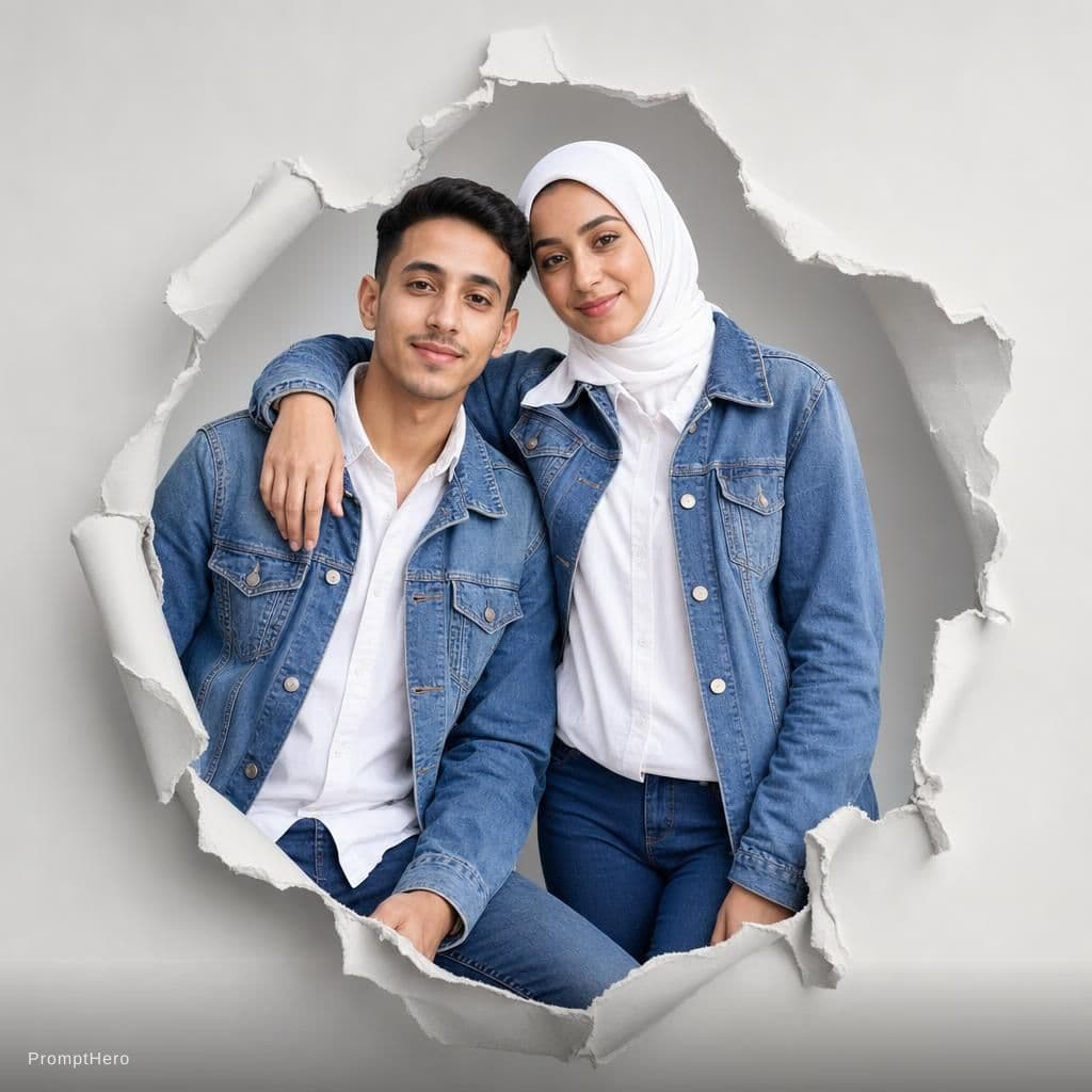 AI generated: Two Moroccan couple portraits, half-body view, emerging from realistic torn paper holes on a light g...