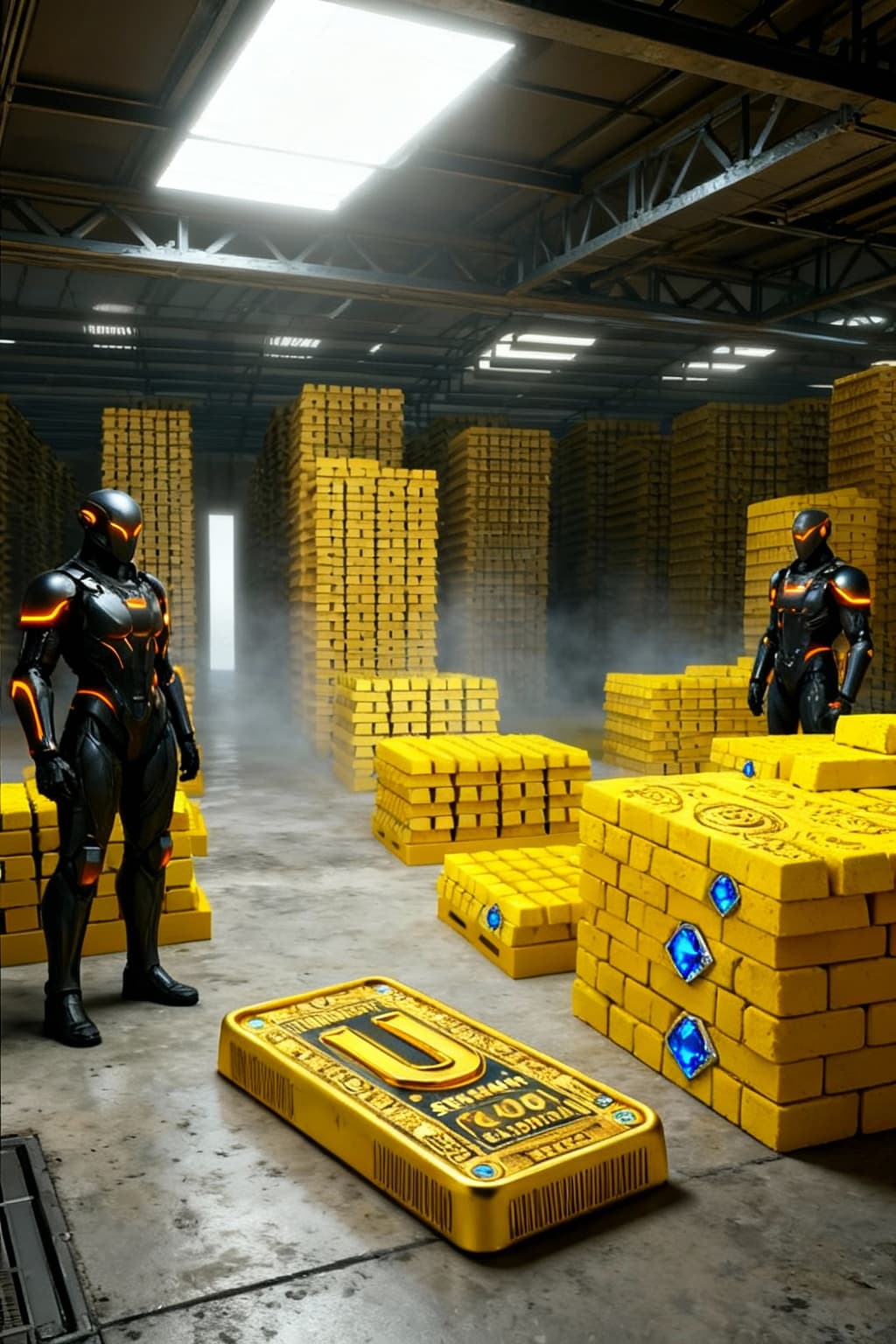 AI generated: Show a vault of stacked gold and yellow  Uniantum Bricks, with two guards guarding them. Unreal Engi...