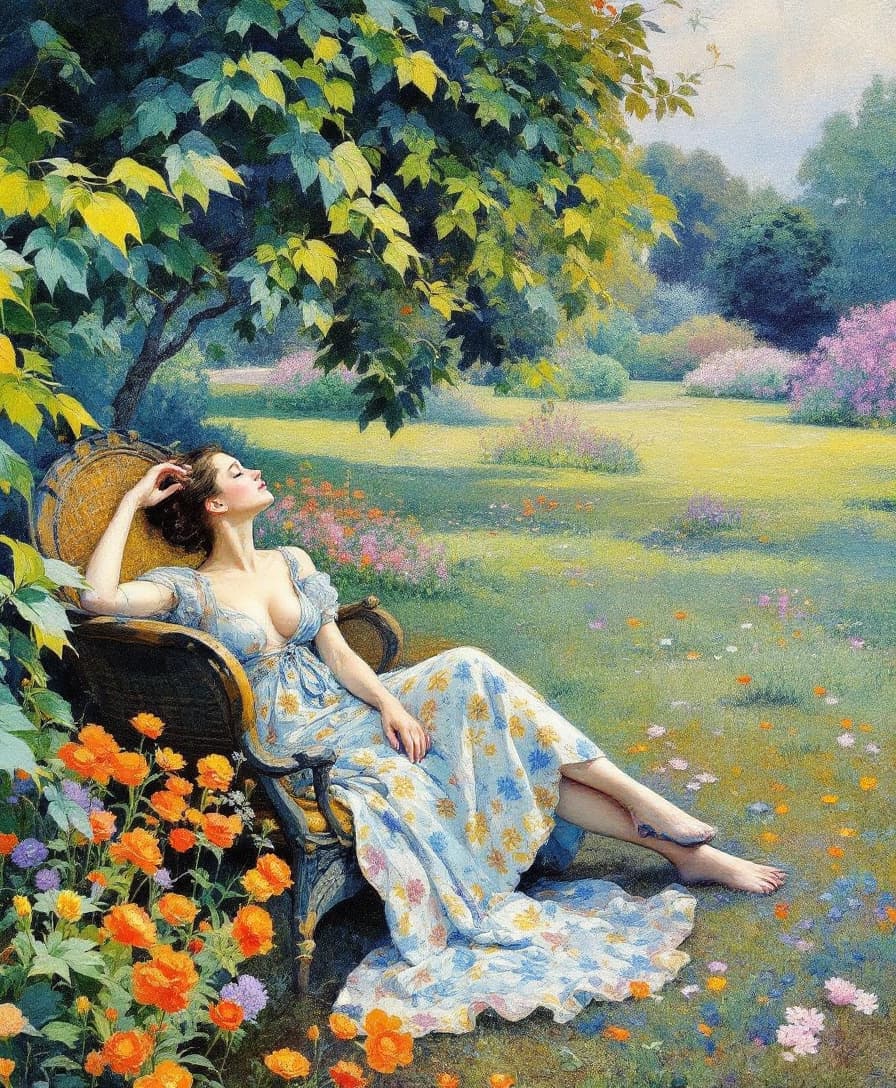 AI generated: (Masterpiece), (("Relaxing in the Garden, Argenteuil (1876) by Claude Monet ) )), Inspired by the st...