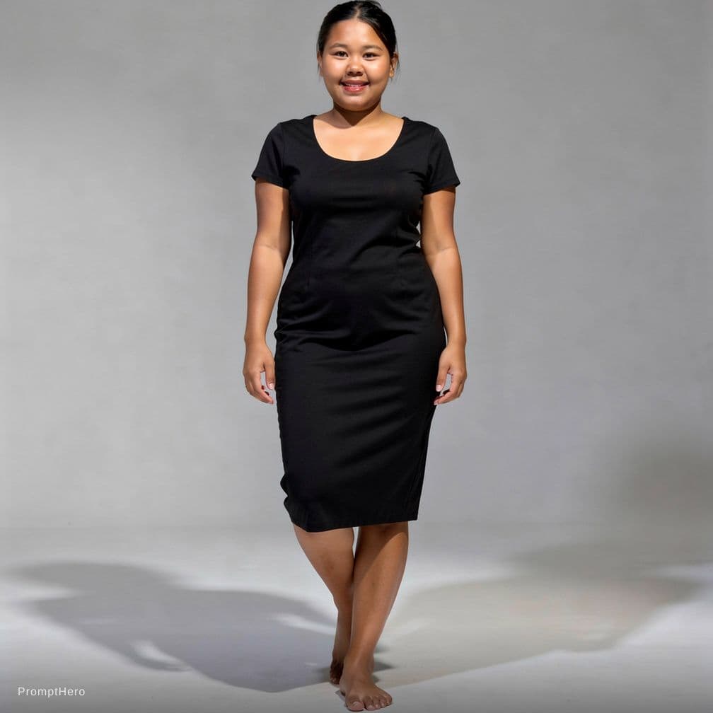 AI generated: intimate model in transparent latex dress, in a neutral background, full body