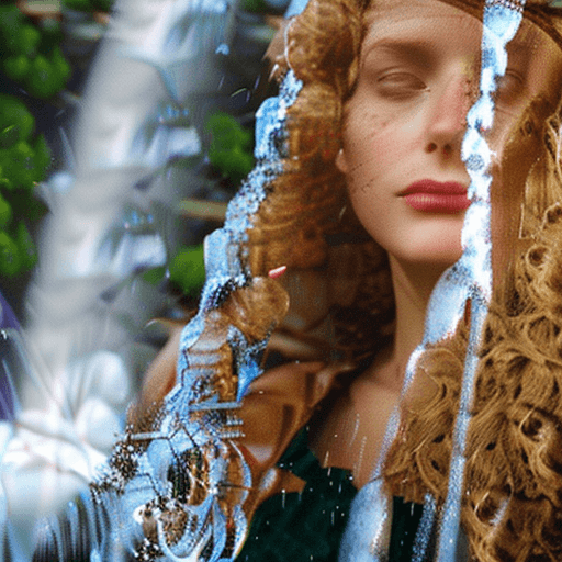 AI generated: Goddess close-up portait beautiful blonde czech girl, wet curly hair, wet skin, behind waterfall, 8k