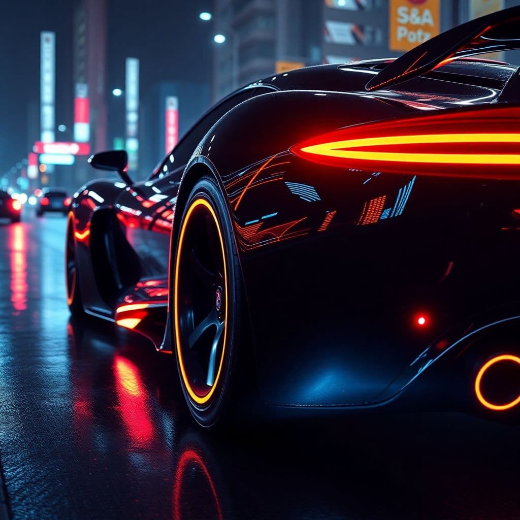 AI generated: A hyper-realistic close-up of the side view of a futuristic sports car with glowing wheels and light...