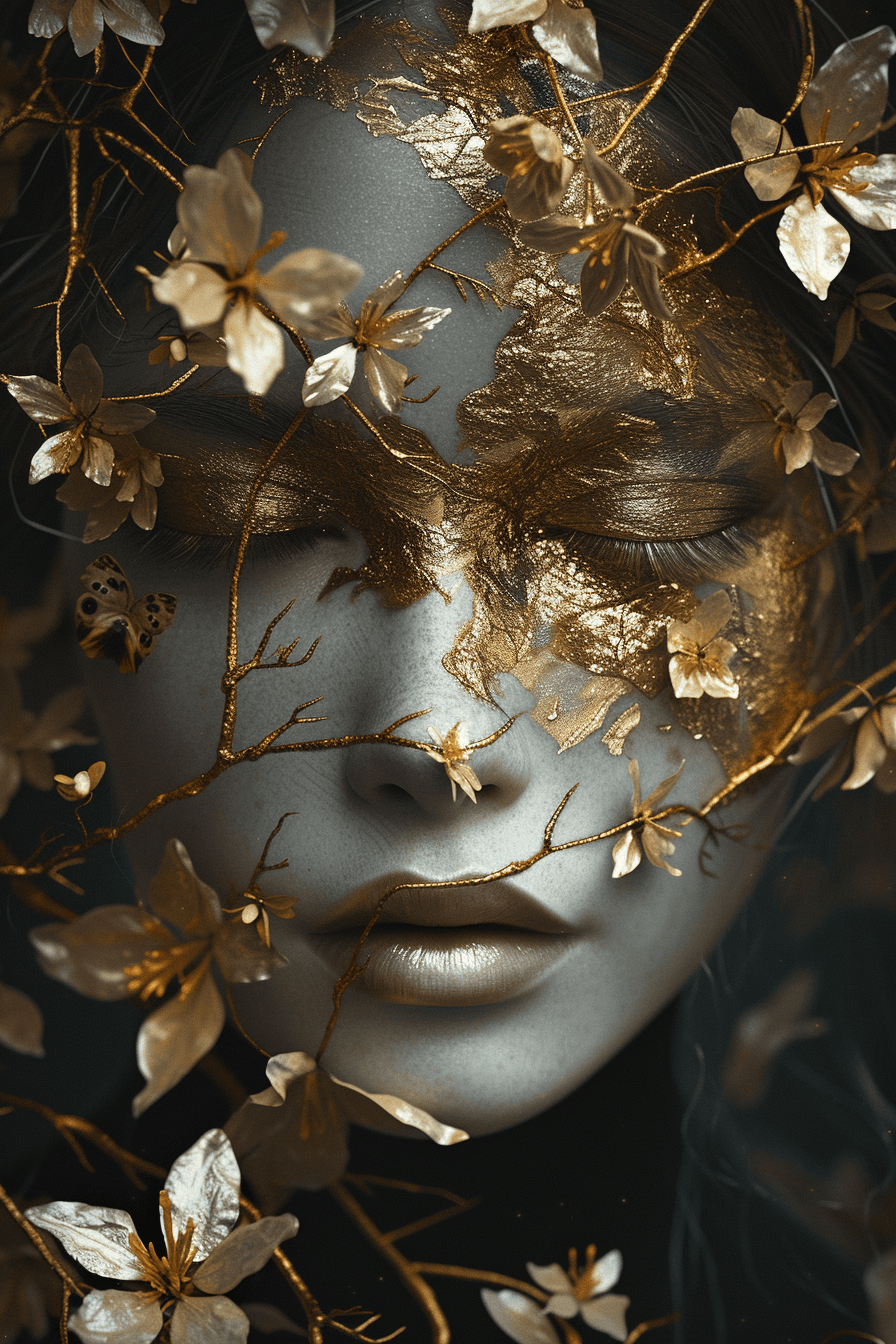 AI generated: the woman's face was painted with golden, in the style of nature-inspired compositions, dark gray, l...