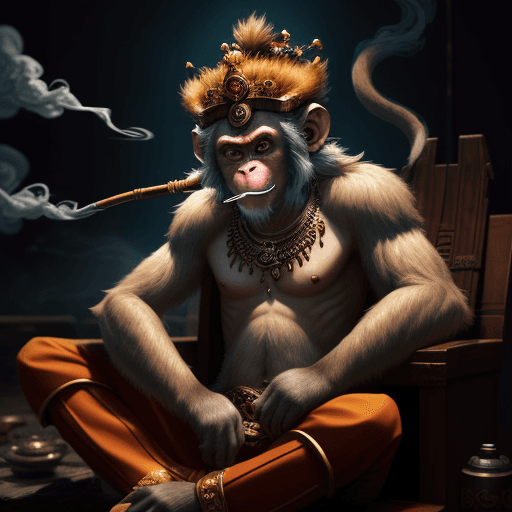 AI generated: fantasy art monkey king sitting down in a film studio sad smoking stressful and bored dark environme...