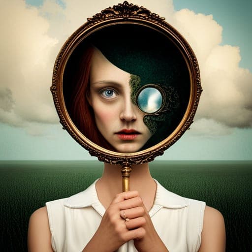 AI generated: a woman holding a mirror in front of her face, inspired by Alice Prin, tumblr, surrealism, photo pin...