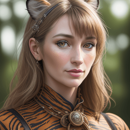AI generated: Close-up portrait of mix of European lady, tiger printed clothing, extremely high-quality photograph...