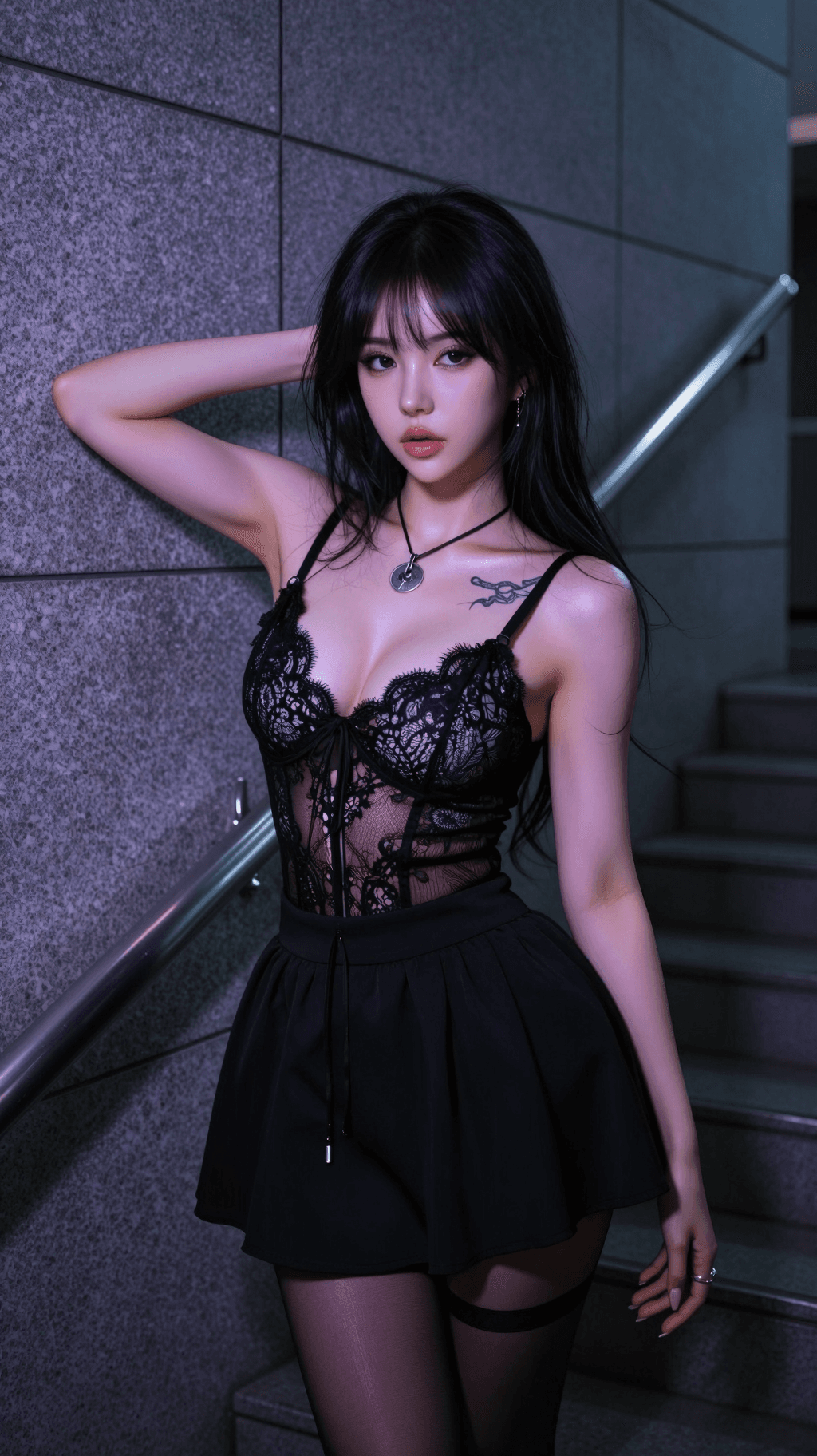 AI generated: capturing the moody "urban-gothic" aesthetic, the intricate textures of the lace and metal, and the ...
