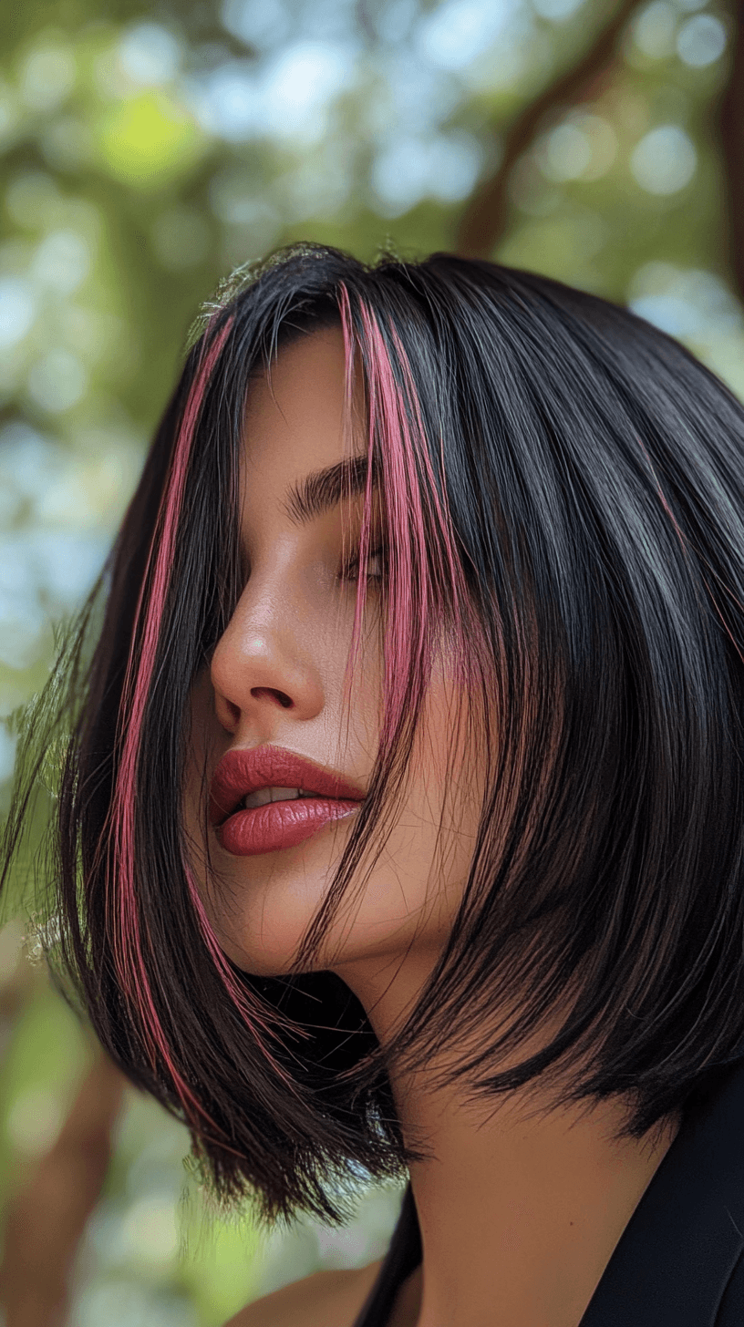 AI generated: a closeup of Angelina jolie type of model with bob-cut straight black hair, with pink balayage highl...