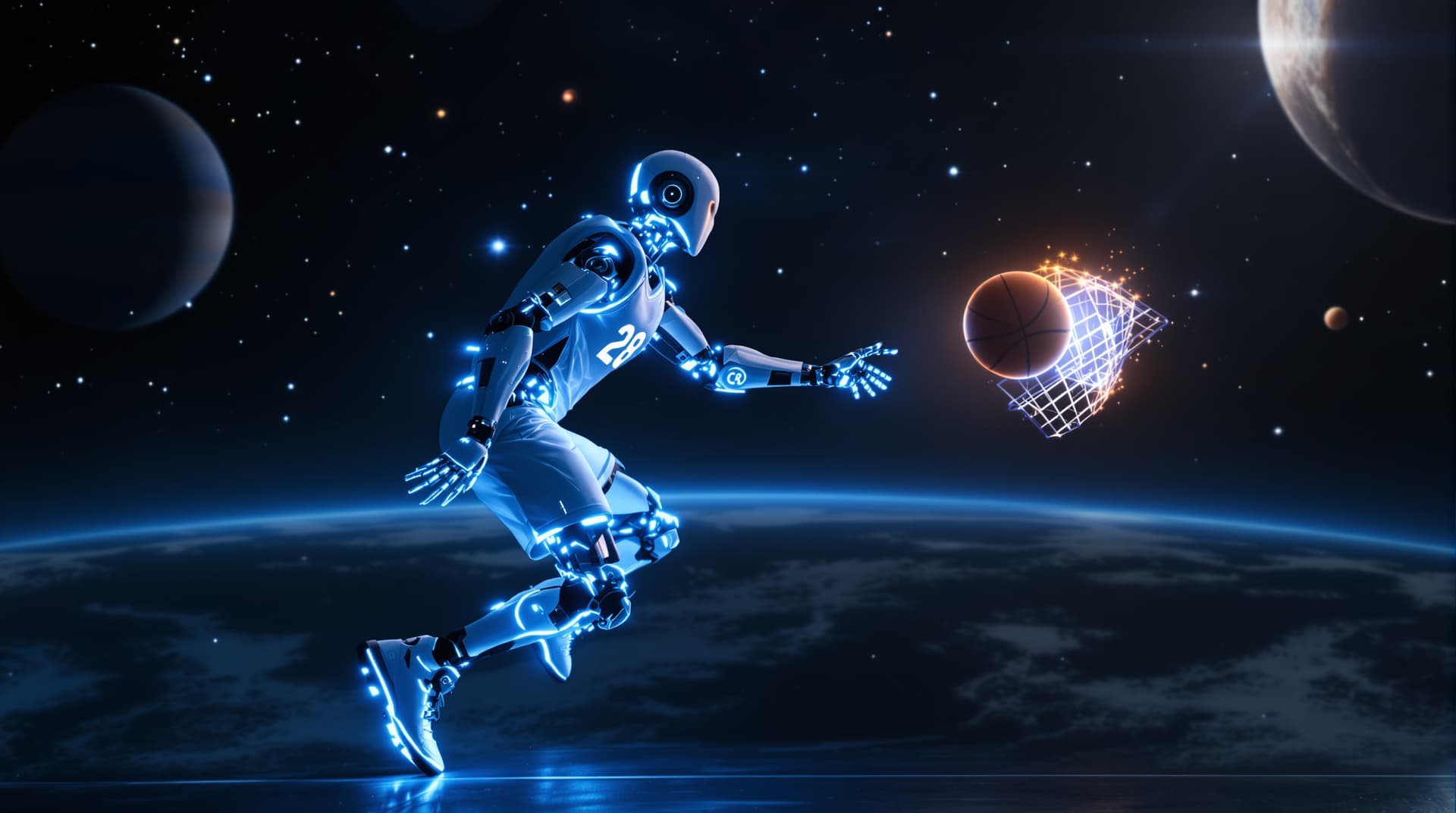 AI generated:  Une scène futuriste met en scène une figurine robotique humanoïde joueur de basket se lançant vers ...
