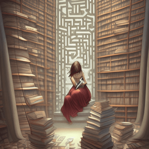 AI generated: woman lost in a maze of books, fantasy art by Charlie Bowater, masterpiece