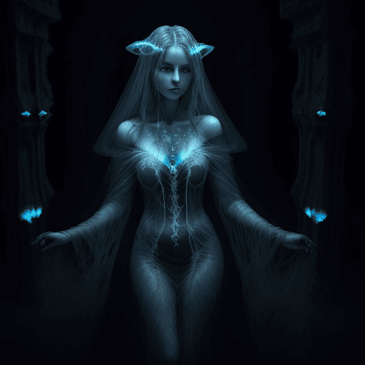 AI generated: In the depths of a dark, foreboding crypt, Isolde, a hauntingly beautiful ghostly sorceress, weaves ...