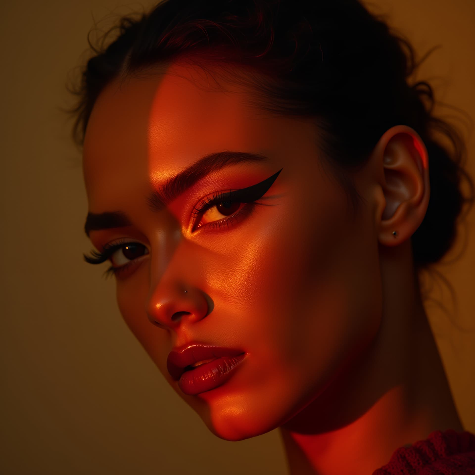 AI generated: intense beauty editorial of a 25-year-old Moroccan model with fire-inspired eyeshadow (red-orange-ye...