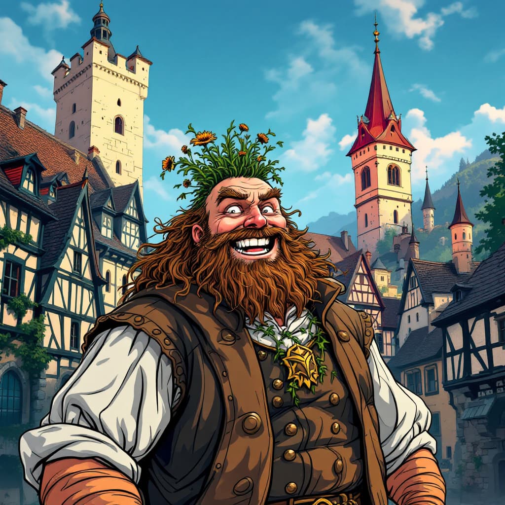 AI generated: Against the backdrop of the architecture of medieval Germany. A mighty man in traditional Bavarian c...