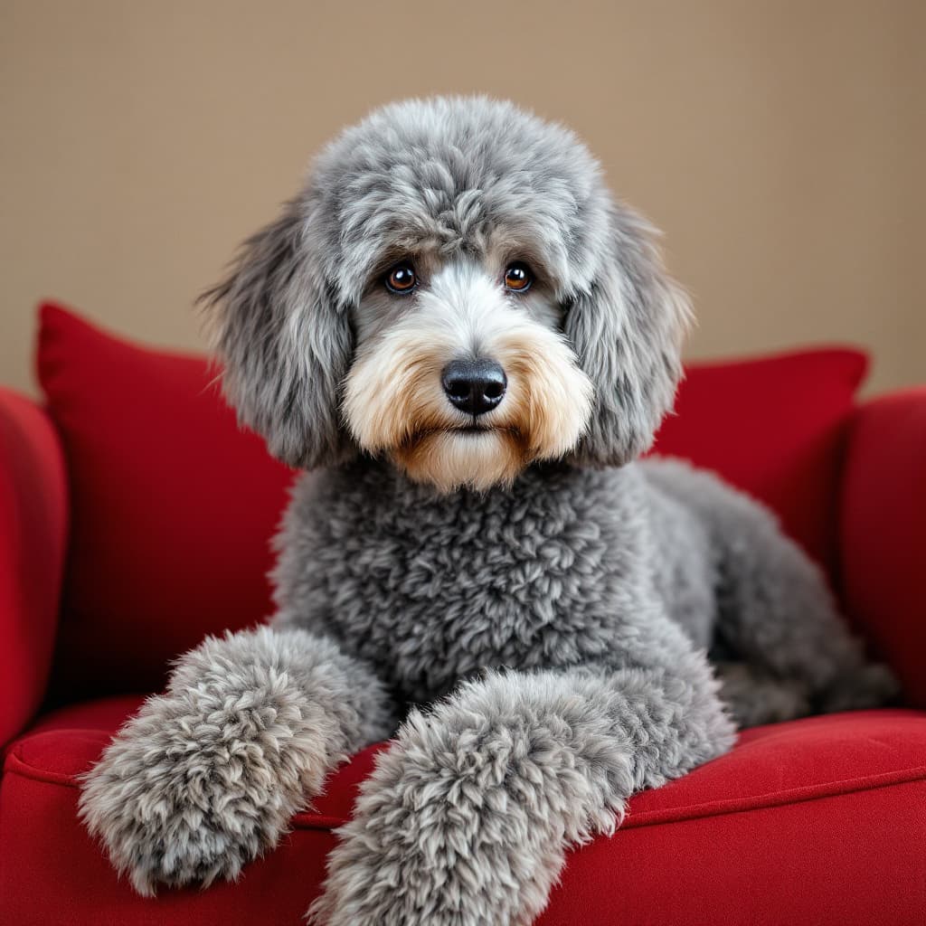 AI generated: grey hair kingsizepoodle sitting on a red sofa
