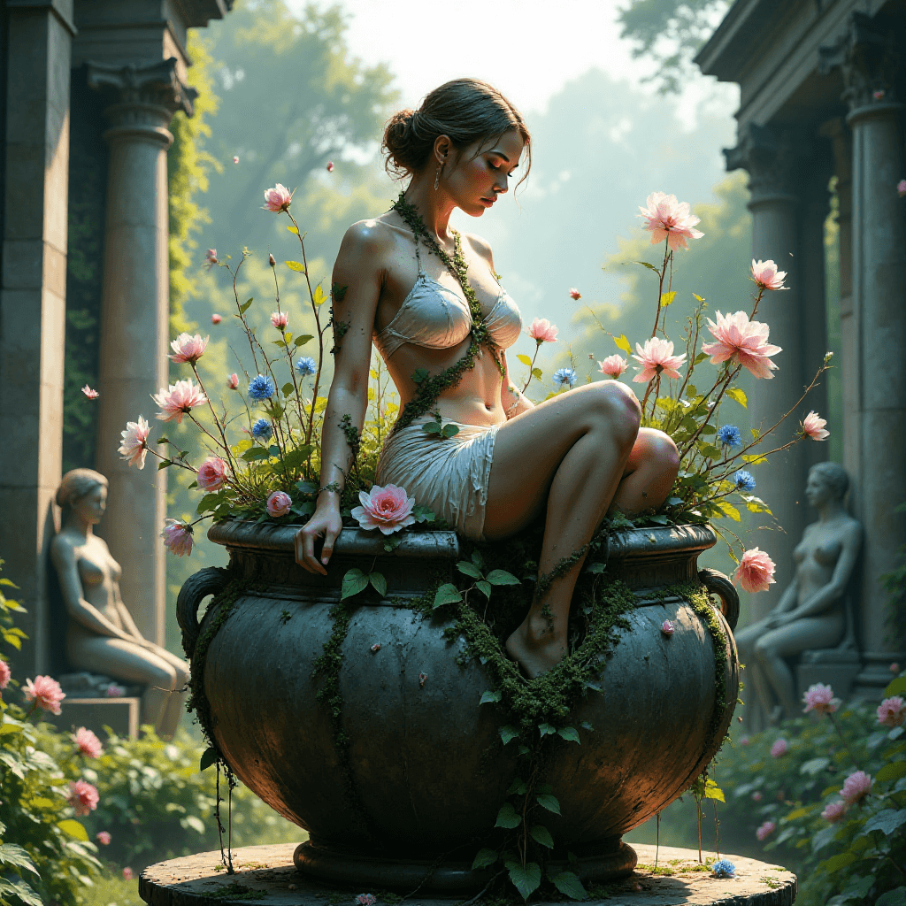 AI generated: Monolithic weathered stone pot with deep moss-filled crevices::1.4  
from its opening emerges a sin...