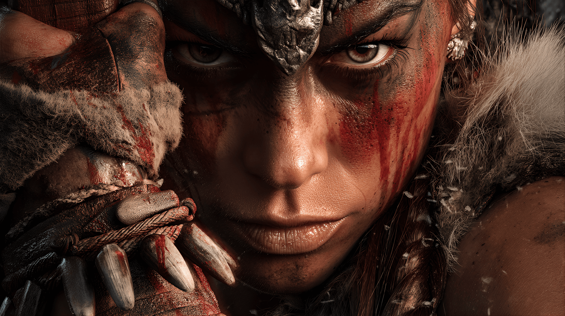 AI generated: womans face, scars and grit, fiery eyes, gripping a bloodcoated war pick, wearing dragonbone circlet...