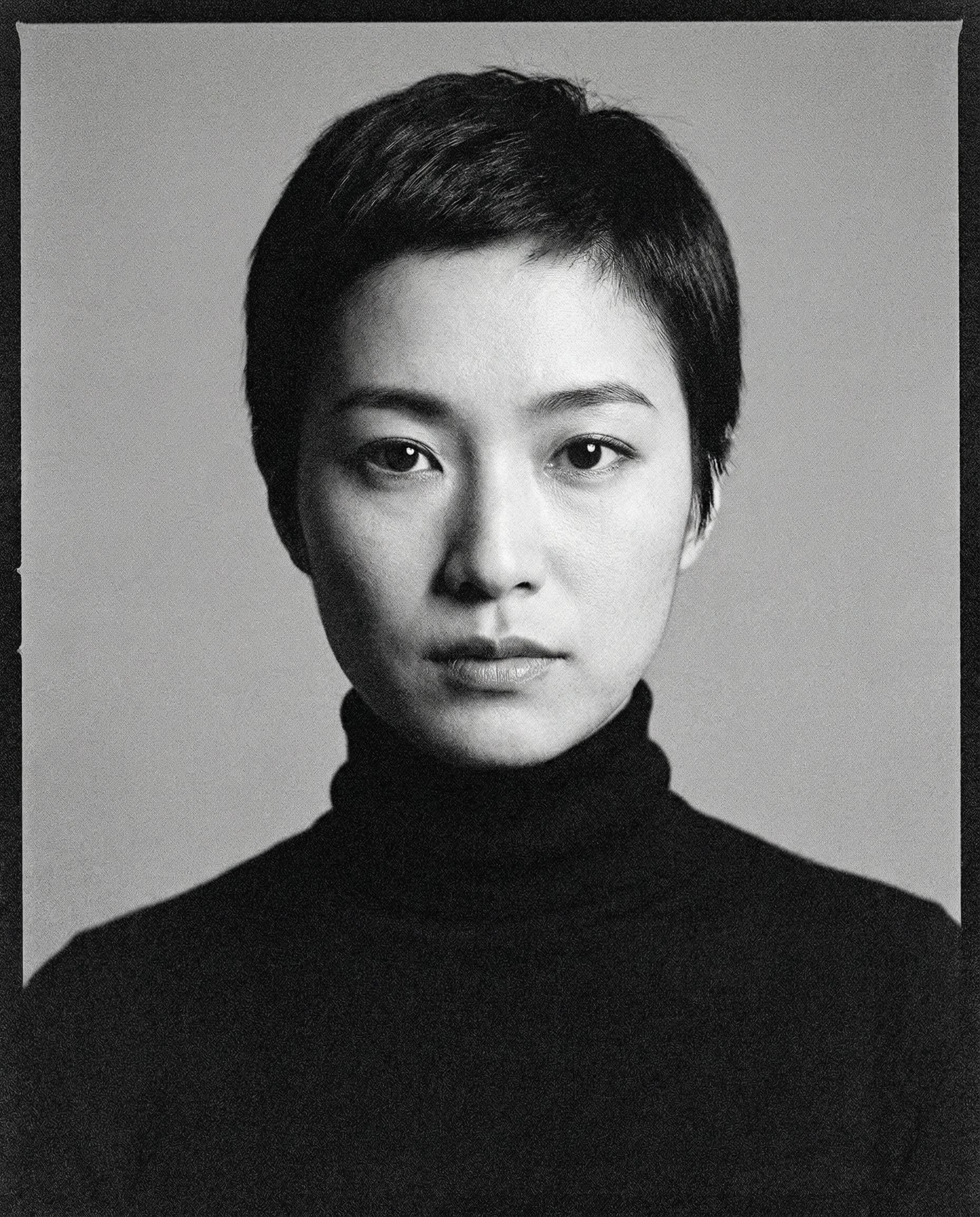 AI generated: a black-and-white photo of a Japanese woman, cover shot with 35mm film grain, in the style of Richar...