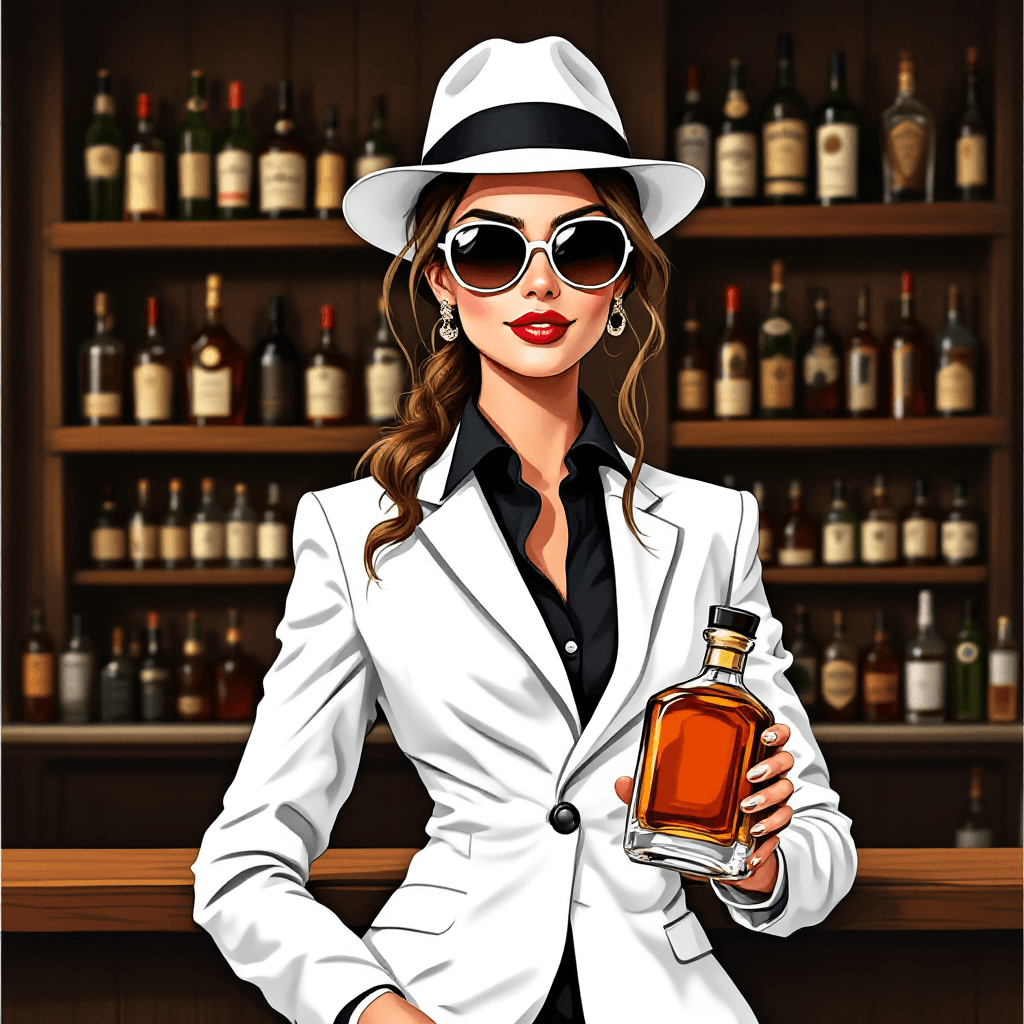 AI generated: Make me a cartoon hand drawn styled image of an elegant woman in a white suit and black shirt, weari...