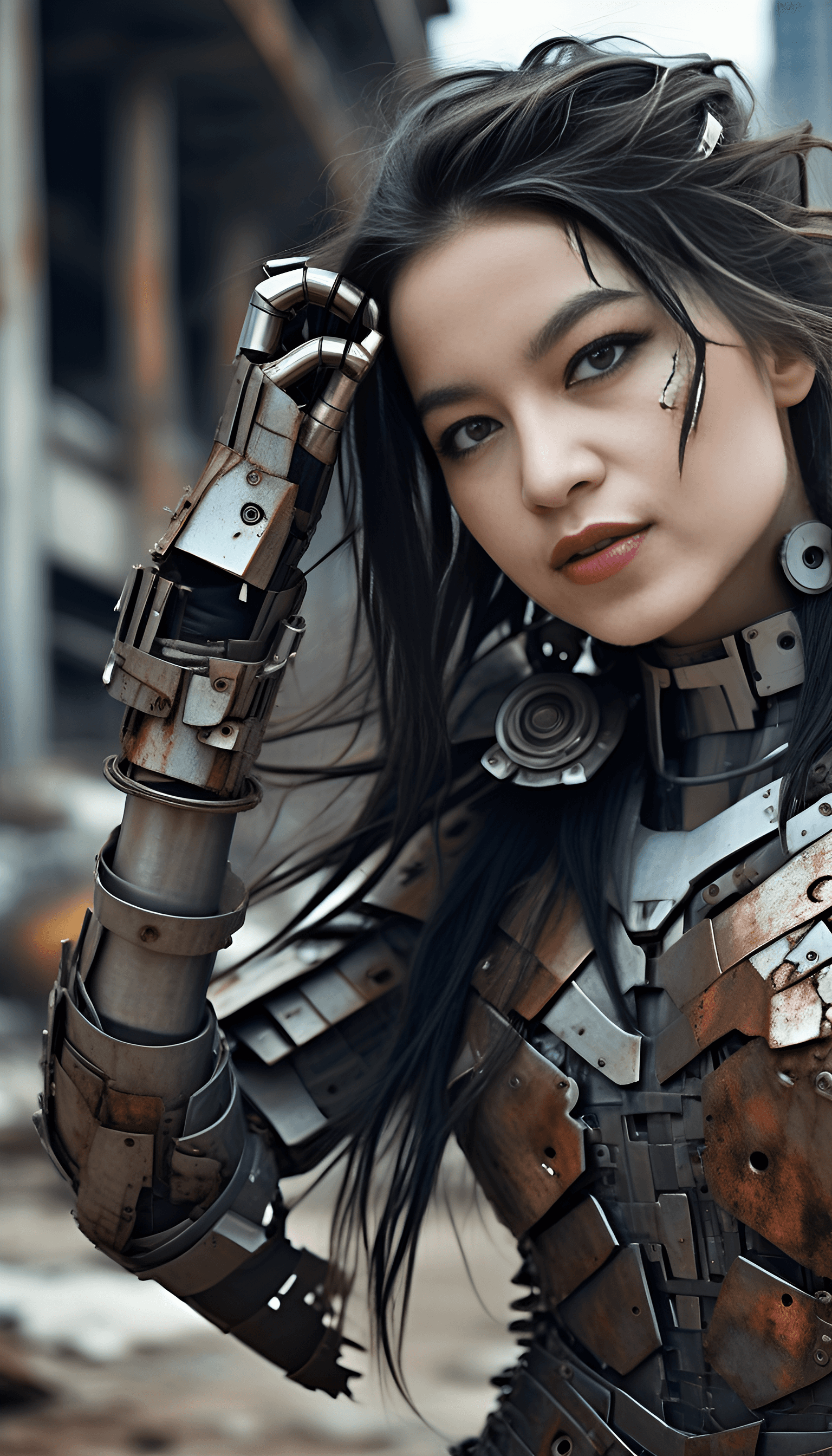 AI generated: a hyper realistic ultra detailed photograph of a futuristic beautiful  woman at a dystopian city, ta...