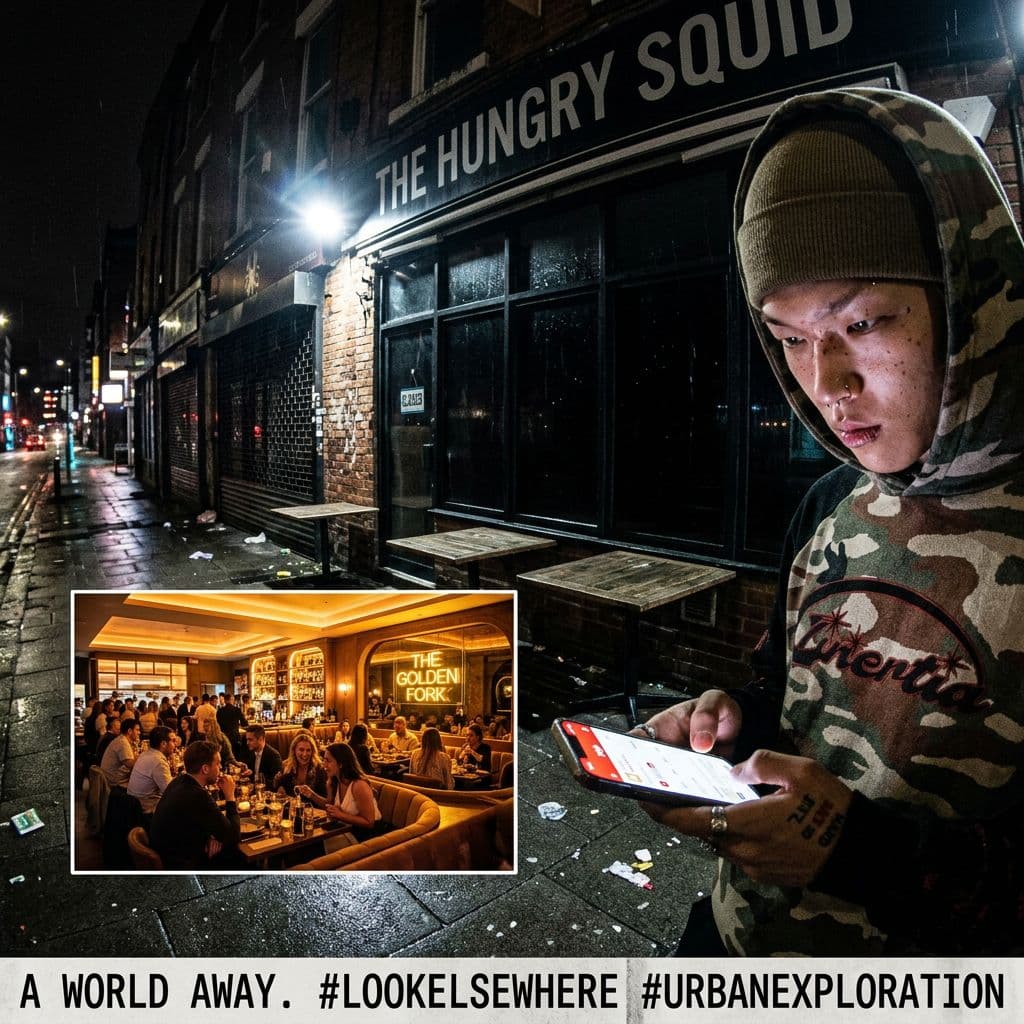 AI generated: urban restaurant exterior at night, harsh direct flash photography, gritty candid street scene

a pe...