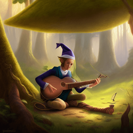 AI generated: kind elf playing spanish guitar in a forest grove, Dungeons and Dragons, artistic, beautiful nature,...