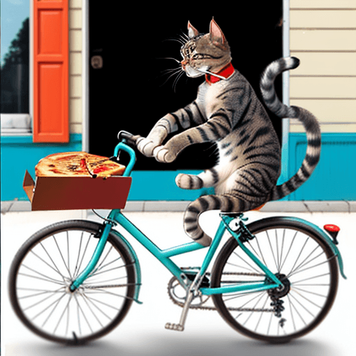 AI generated: A cat riding a bicycle with a pizza in hand