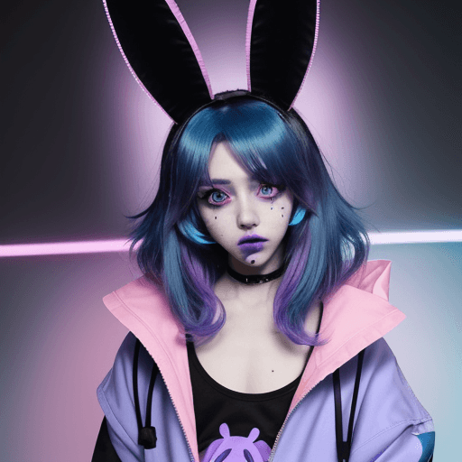 AI generated: anime, femboy, neon blue hair, voluminous hair, vivid neon purple eyes, neon blue eyelashes, kawaii,...