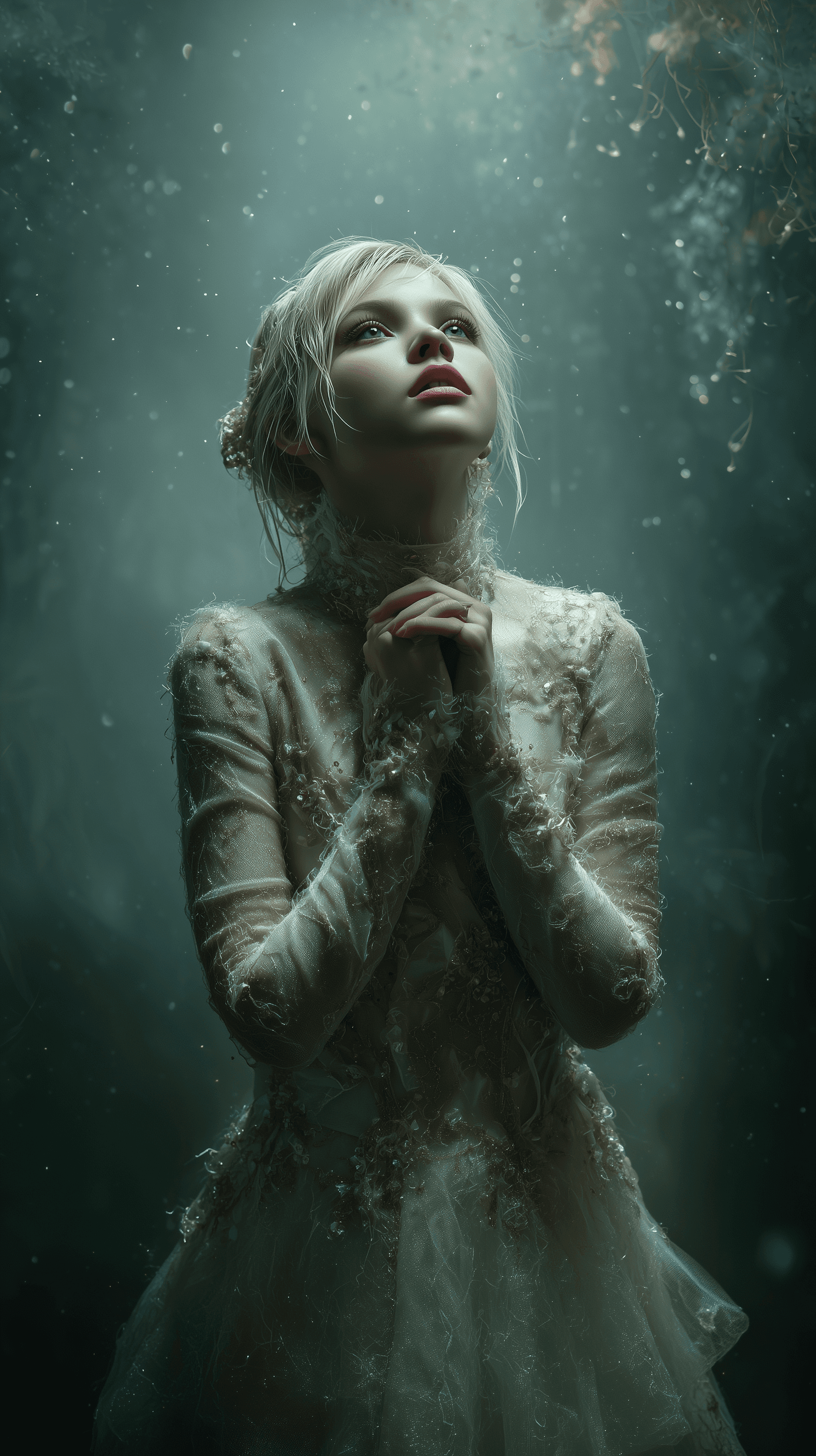 AI generated: half-body ultra-high resolution portrait of an ethereal platinum blonde woman with flawless radiant ...