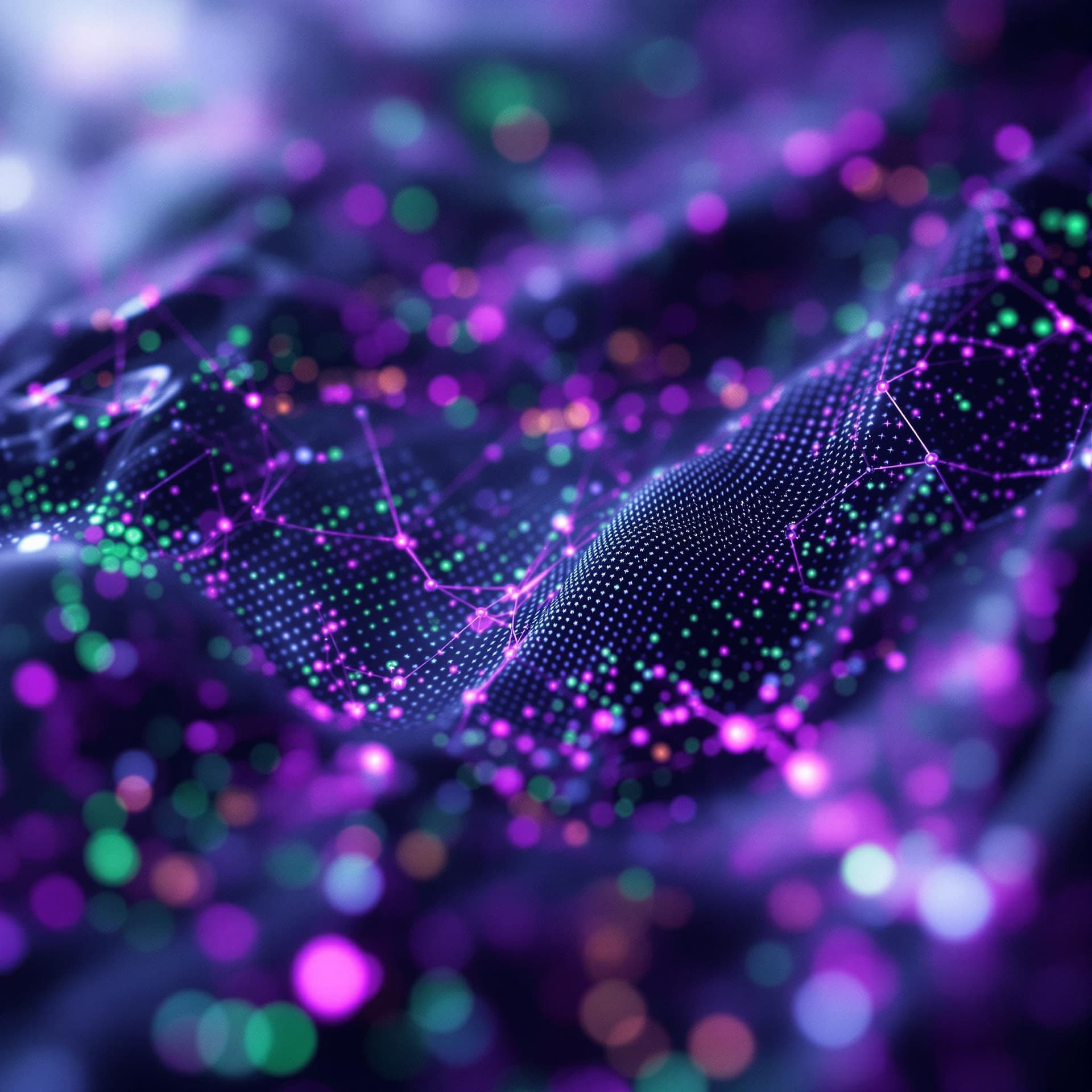 AI generated: big data, abstract visuals, futuristic, cyberpunk aesthetic, purple green accents, soft diffused hig...