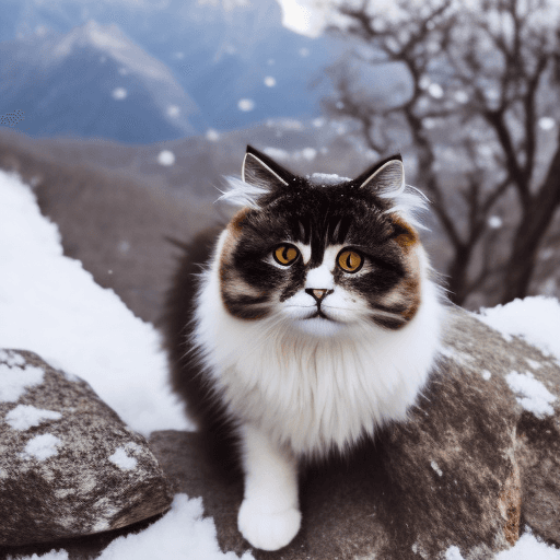 AI generated: fluffy cat on a mountain top with snow jumping on camera lens