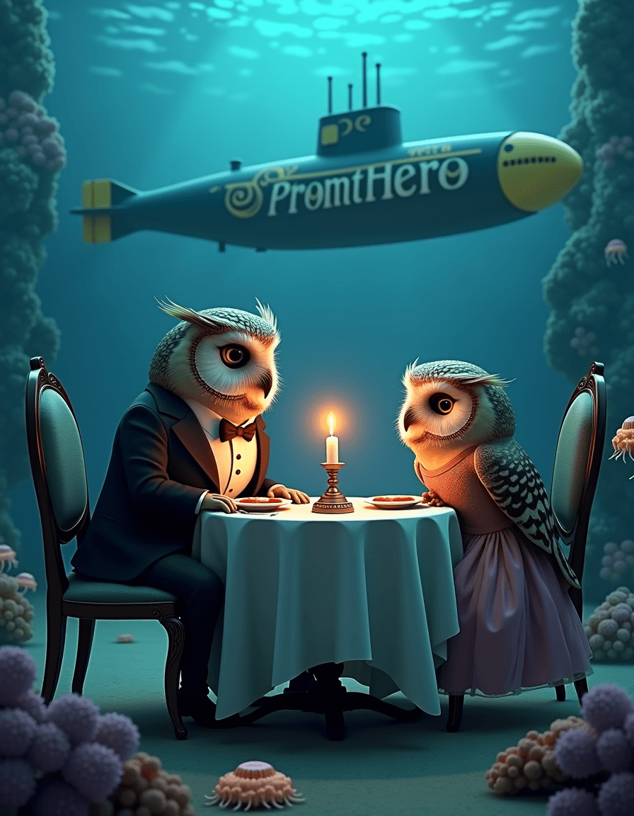 AI generated: underwater scene of two owls sitting at a fancy dining table with a lit candle in the center, the tw...