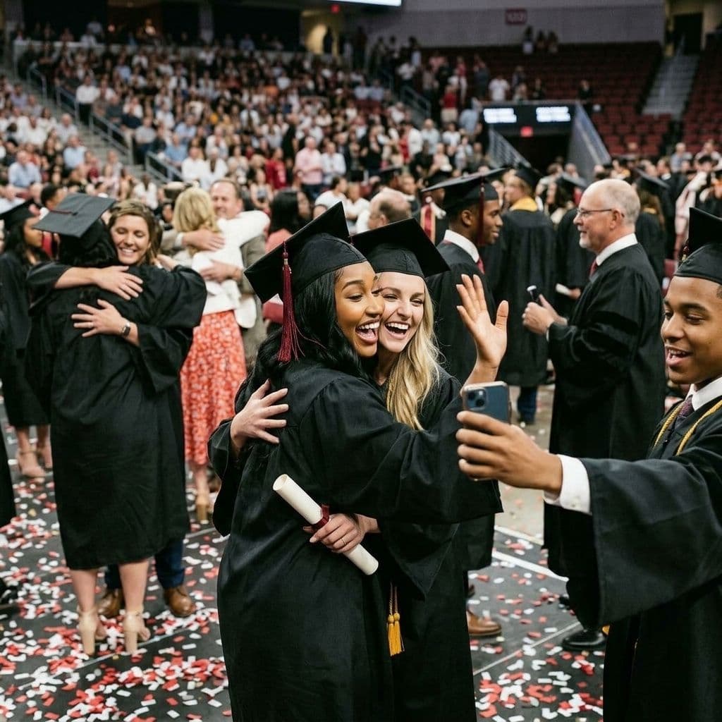 AI generated: Candid, hyper-realistic, taking pictures and saying goodbye to classmates after college graduation c...