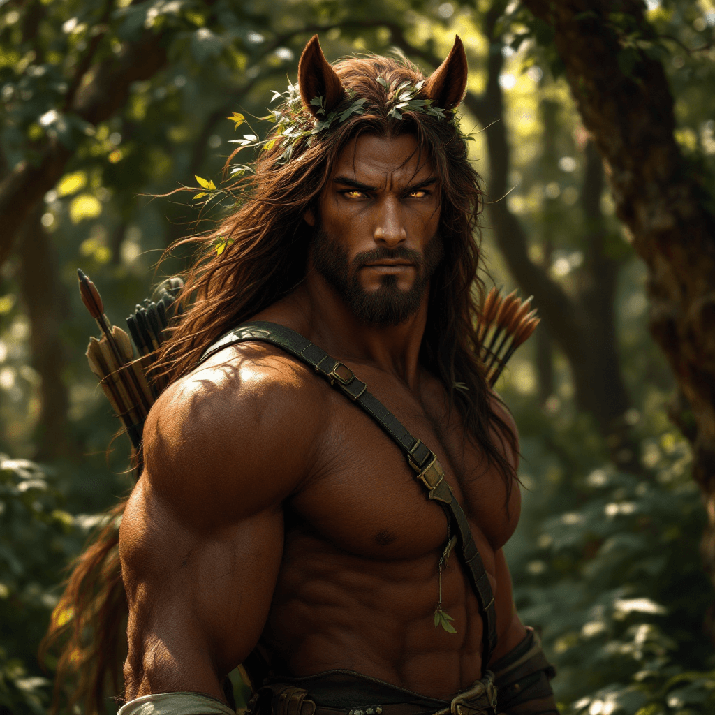 AI generated: A noble centaur with a strong, human upper body and a horse's lower body with a coat of rich, dark a...