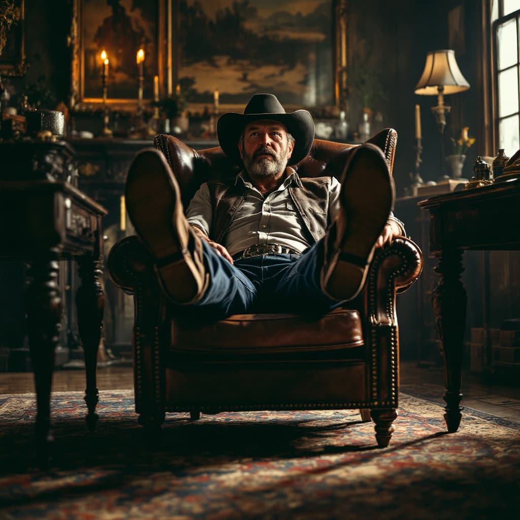 AI generated: Looking across the room at cowboy sitting in leather chair with legs stretched out feet up on table