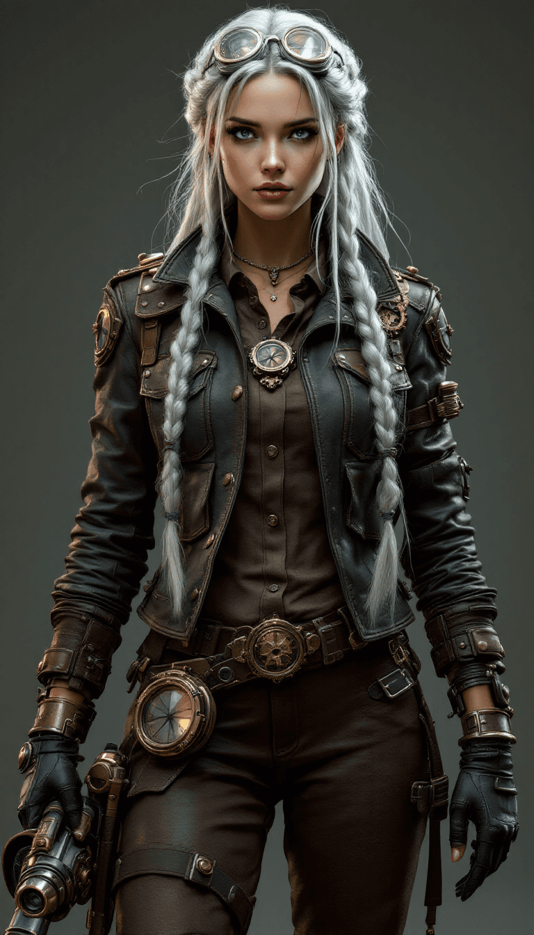 AI generated: A female, very beautiful steampunk lady with long, braided silver hair, often adorned with small gea...