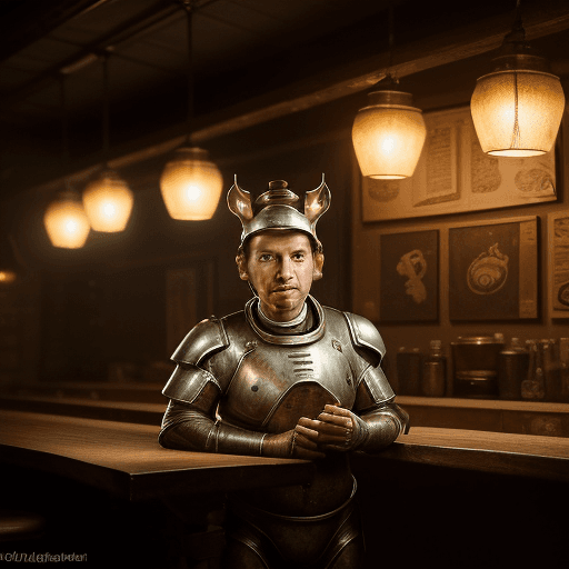 AI generated: Hyper realistic portrait photo of a mid century tavernkeeper, dim lights, direct lighting